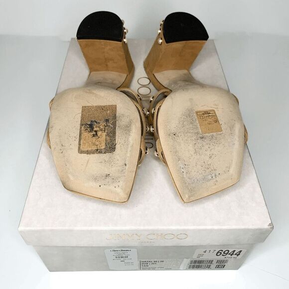 Jimmy Choo Hazal 85 Tan Suede Pearl Studded Heel Mule Slip On Sandal EU 39 US 9 - Picture 8 of 9
